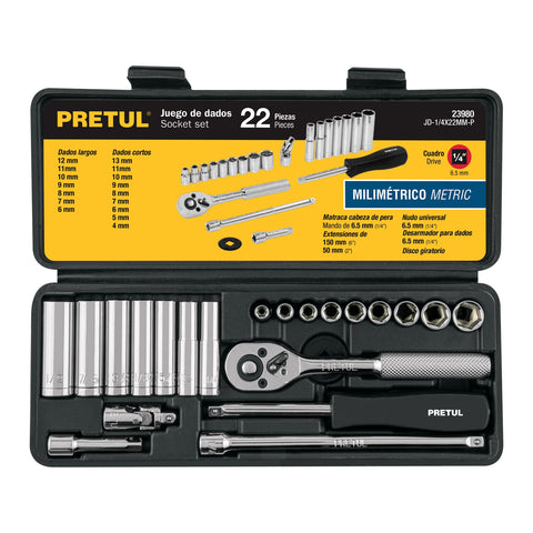 Juego de 22 herramientas 1/4' mm para mecánico, Pretul | JD-1/4X22MM-P | 23980