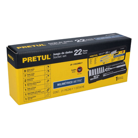Juego de 22 herramientas 1/4' mm para mecánico, Pretul | JD-1/4X22MM-P | 23980