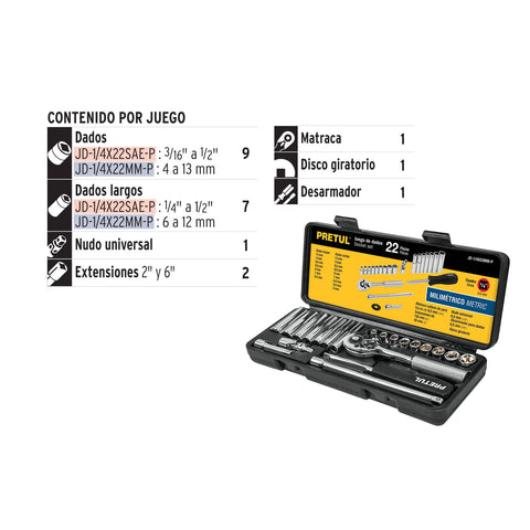Juego de 22 herramientas 1/4' mm para mecánico, Pretul | JD-1/4X22MM-P | 23980
