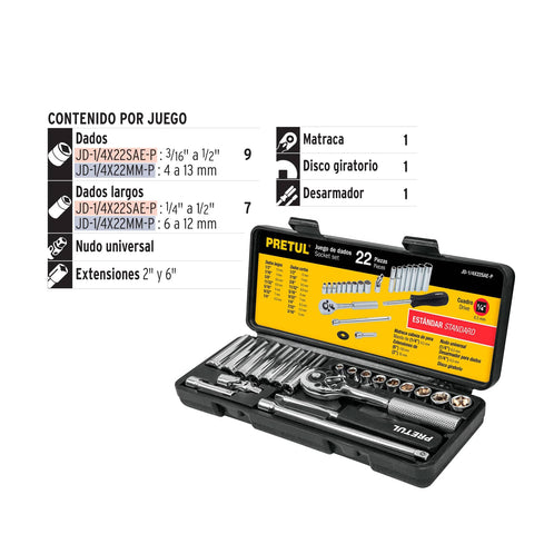 Juego de 22 herramientas 1/4' std para mecánico, Pretul | JD-1/4X22SAE-P | 23981