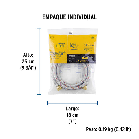 Manguera para gas, aluminio, 3/8' flare, 150 cm, FOSET BASIC | FGA-15P | 24062