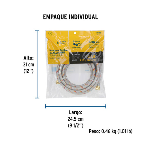 Manguera para gas, aluminio, 3/8' flare, 400 cm, FOSET BASIC | FGA-40P | 24065