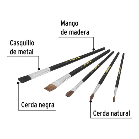 Juego de pinceles en blíster con 5 piezas, PRETUL | JPIN-5P | 24740