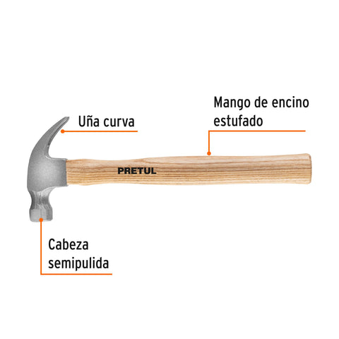 Martillo semipulido, 7 oz, uña curva, PRETUL | MA-7P | 25000