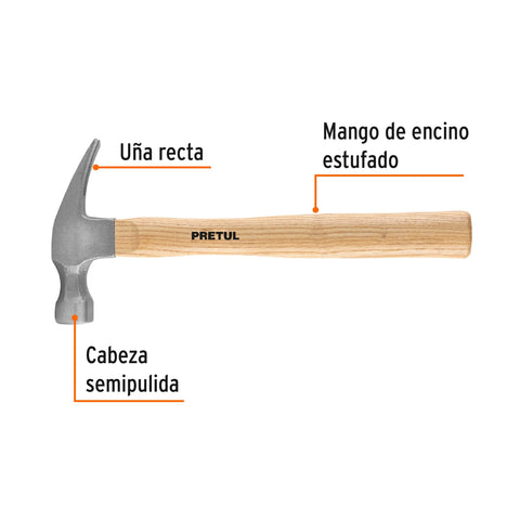 Martillo semipulido, 16 oz, uña recta, PRETUL | MAR-16P | 25001