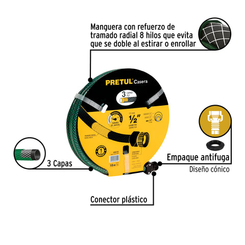 Manguera 1/2' reforzada 3 capas 10m conexiones plást, Pretul | MAN-10X1/2PR | 25016