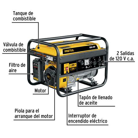 Generador portátil 2.5 kW motor a gasolina, PRETUL | GEN-25P | 26034