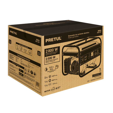 Generador portátil 2.5 kW motor a gasolina, PRETUL | GEN-25P | 26034