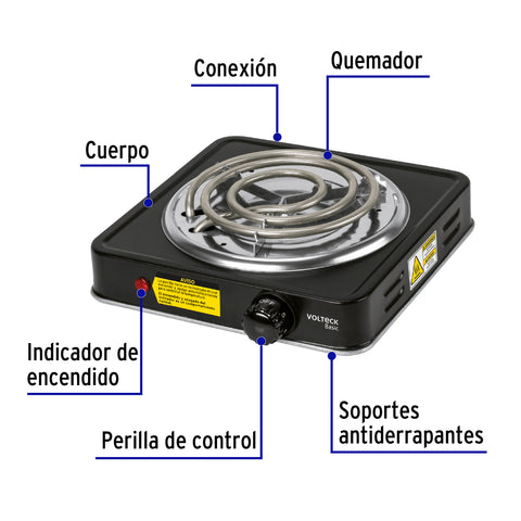 Parrilla eléctrica 1 quemador en espiral, negra, BASIC | PAEL-1CPN | 26093