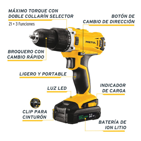 Rotomartillo 1/2', 20V, 1 batería 2Ah, PRETUL | ROTI-20P2 | 26117