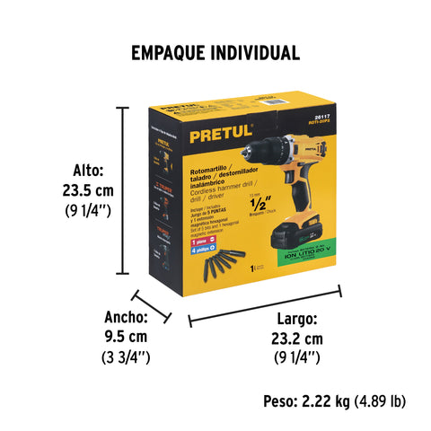 Rotomartillo 1/2', 20V, 1 batería 2Ah, PRETUL | ROTI-20P2 | 26117