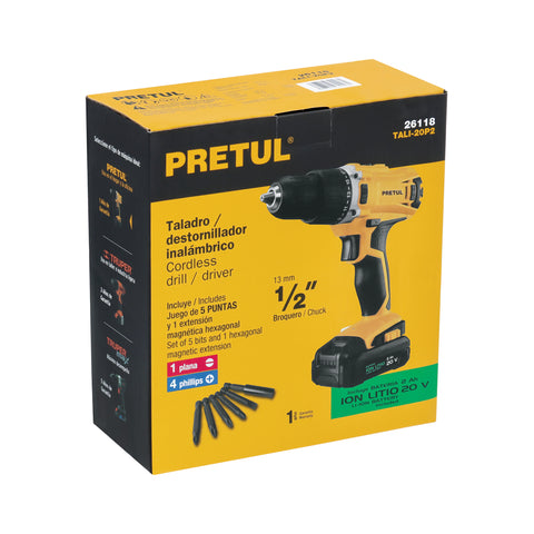 Taladro 1/2', 20V, 1 batería 2Ah, PRETUL | TALI-20P2 | 26118
