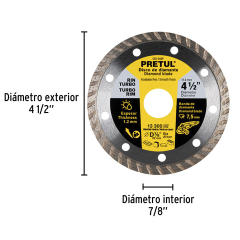 Disco de diamante de 4-1/2' x 1.2 mm, rin turbo, PRETUL | DID-245P | 27017