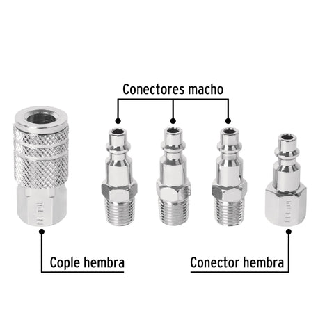Juego de 4 conectores rápidos y 1 cople, de acero, PRETUL | CORAL-5P | 27021