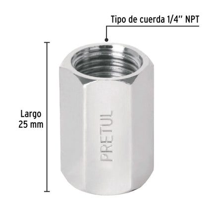 Cople de acero, hembra-hembra, cuerda 1/4' NPT, PRETUL (COPLE-P)