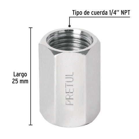 Cople de acero, hembra-hembra, cuerda 1/4' NPT, PRETUL | COPLE-P | 27027