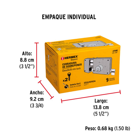 Cerradura sobreponer izq instala-fácil, caja, HERMEX BASIC | CS-75IP | 27046