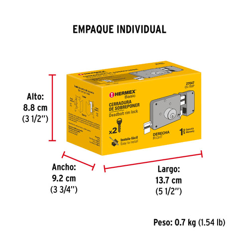 Cerradura sobreponer der instala-fácil, caja, HERMEX BASIC | CS-75DP | 27047