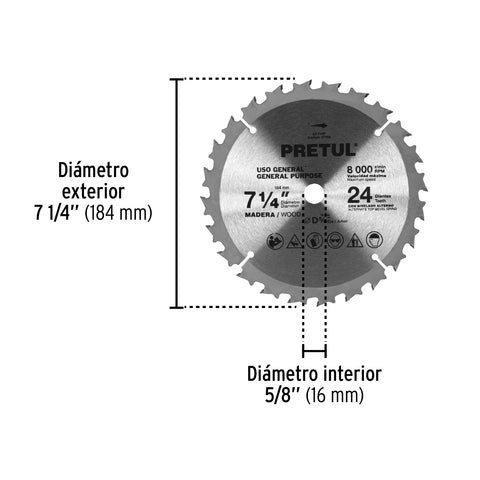 Disco sierra 7-1/4' p/madera, 24 dientes centro 5/8', Pretul | ST-724P | 27055