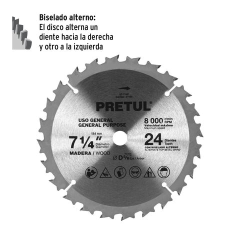 Disco sierra 7-1/4' p/madera, 24 dientes centro 5/8', Pretul | ST-724P | 27055