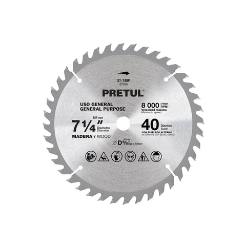 Disco sierra 7-1/4' p/madera, 40 dientes centro 5/8', Pretul | ST-740P | 27056
