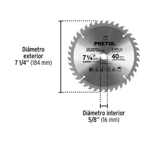 Disco sierra 7-1/4' p/madera, 40 dientes centro 5/8', Pretul | ST-740P | 27056