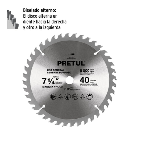 Disco sierra 7-1/4' p/madera, 40 dientes centro 5/8', Pretul | ST-740P | 27056