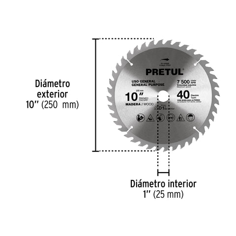 Disco sierra 10' para madera, 40 dientes centro 1', Pretul | ST-1040EP | 27057
