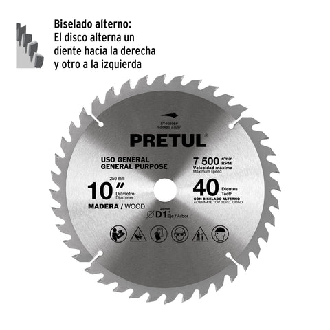 Disco sierra 10' para madera, 40 dientes centro 1', Pretul | ST-1040EP | 27057