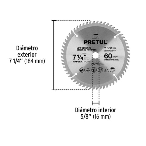 Disco sierra 7-1/4' p/madera, 60 dientes centro 5/8', Pretul | ST-760P | 27059