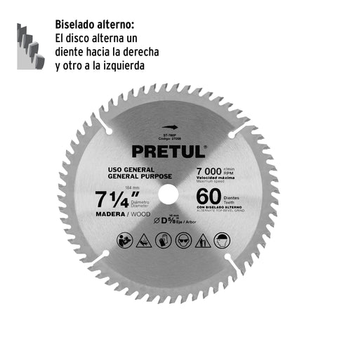 Disco sierra 7-1/4' p/madera, 60 dientes centro 5/8', Pretul | ST-760P | 27059