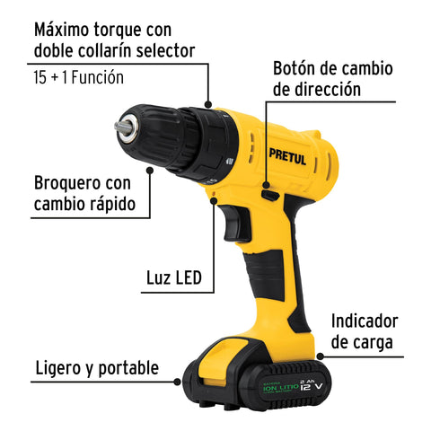 Kit taladro 3/8', 12V, 33 accesorios, en estuche, PRETUL | TALI-12PK2 | 27120