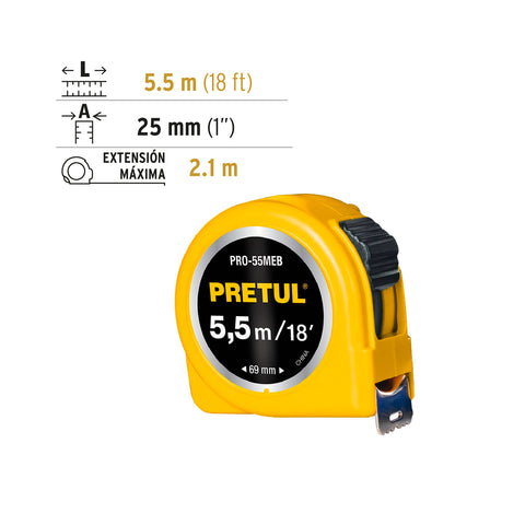 Flexómetro amarillo 5.5 m cinta 25 mm, en tarjeta, PRETUL | PRO-55MEB | 28022