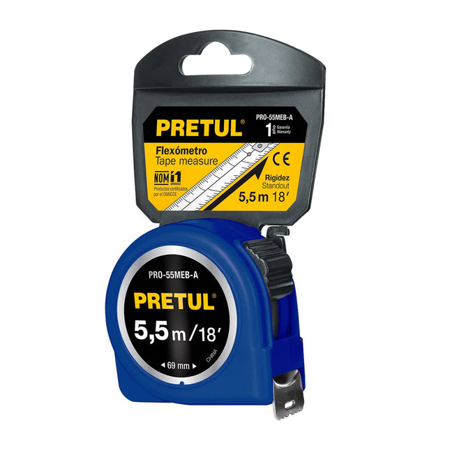 Flexómetro azul 5.5 m cinta 25 mm, en tarjeta, PRETUL | PRO-55MEB-A | 28023