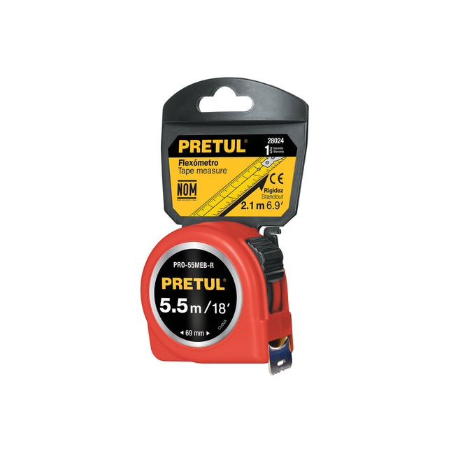 Flexómetro rojo 5.5 m cinta 25 mm, en tarjeta, PRETUL | PRO-55MEB-R | 28024