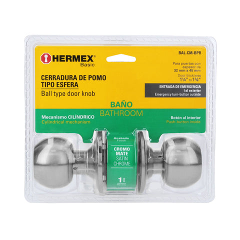 Cerradura esfera cilíndrico, baño, cromo, blíster, BASIC | BAL-CM-BPB | 28056