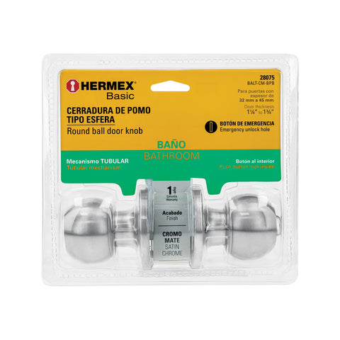 Cerradura esfera tubular, baño, cromo, blíster, HERMEX BASIC | BALT-CM-BPB | 28075