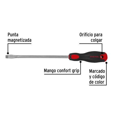 Desarmador plano 3/8' x 8' mango Comfort Grip, Pretul | DR-3/8X8BP | 28080