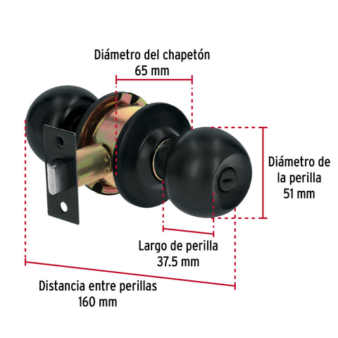 Cerradura esfera, cil, baño, negro, blíster, BASIC | BAL-NE-BPB | 28142