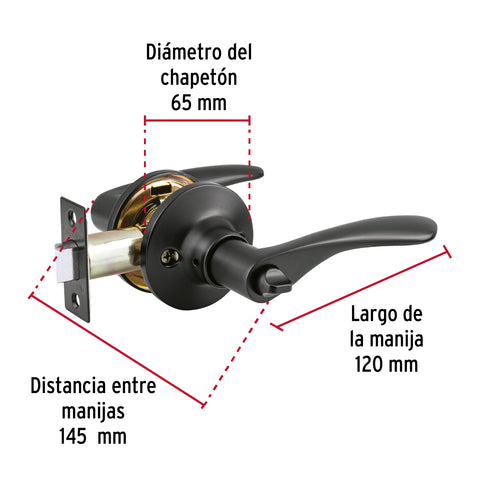 Cerradura manija 'Milán' p/baño, negro, cil latón, BASIC | CEMA-6BB | 28154