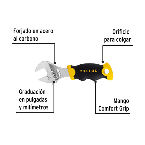 Llave ajustable (perico corto) 5' cromada con grip, Pretul | PECO-5P | 28218