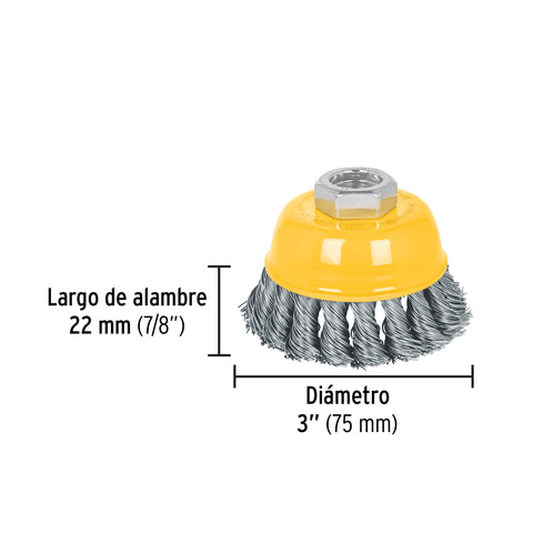 Carda copa 3' alambre trenzado grueso, eje 5/8'-11, Pretul | CT-608XP | 28257