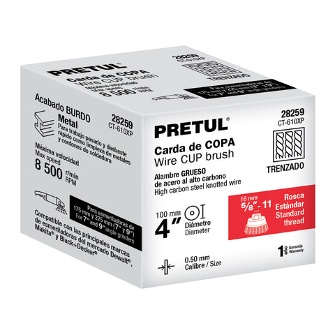 Carda copa 4' alambre trenzado grueso, eje 5/8'-11, Pretul | CT-610XP | 28259