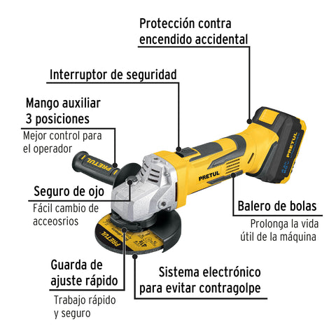 Esmeriladora 4-1/2', 20V, 1 batería 4Ah, PRETUL | ESMI-20P | 28267