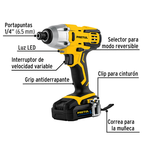 Destornillador de impacto 1/4', 20V, 1 batería 2Ah, PRETUL | DIMI-20P | 28269