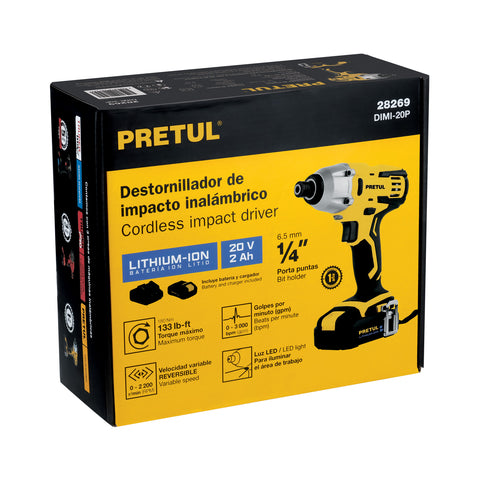 Destornillador de impacto 1/4', 20V, 1 batería 2Ah, PRETUL | DIMI-20P | 28269