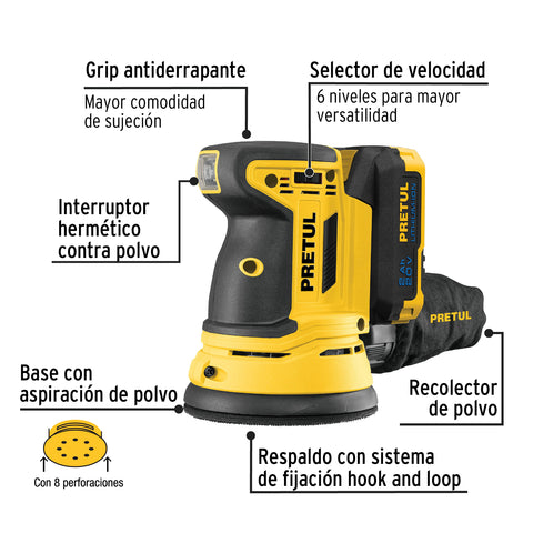 Lijadora roto-orbital 5', 20V, 1 batería 2Ah, PRETUL | LIRI-20P | 28271
