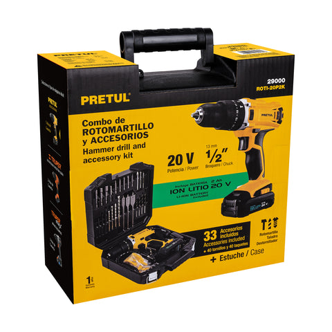 Kit rotomartillo 1/2', 20V, 32 accesorios, PRETUL | ROTI-20P2K | 29000