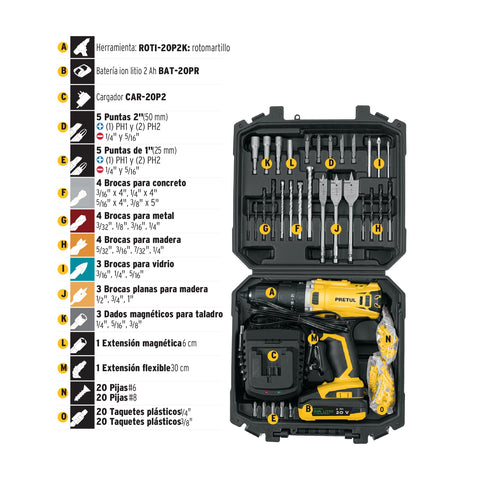 Kit rotomartillo 1/2', 20V, 32 accesorios, PRETUL | ROTI-20P2K | 29000