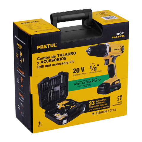 Kit taladro 1/2', 20V, 1 batería 2Ah, 32 accesorios, PRETUL | TALI-20P2K | 29001